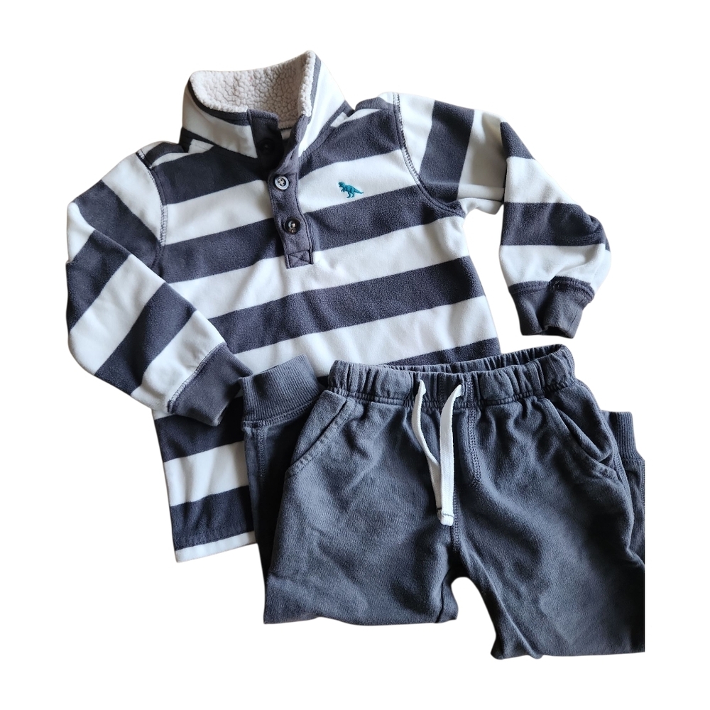 SOLD Carter's Fleece Top + Jogger Set 2T Stripes Gray Ivory - Picture 2 of 10